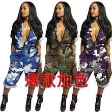 Y074 现货！美国独立日星条旗 亚马逊女装欧美性感拉链迷彩连体裤