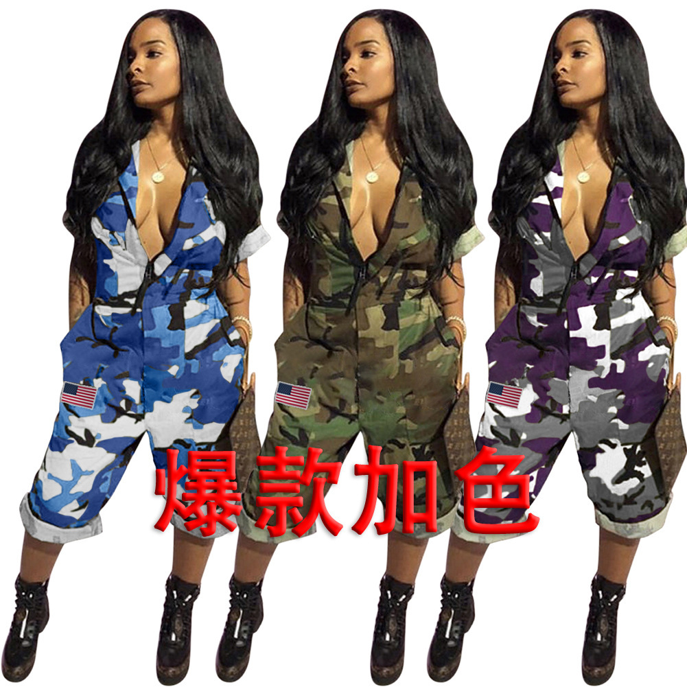 Y074 现货！美国独立日星条旗 亚马逊女装欧美性感拉链迷彩连体裤