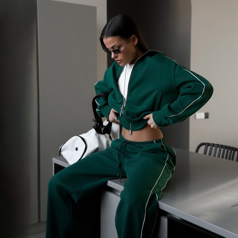 European and American Cross-Border Half-High Collar Double-Head Zipper Sweat Sport suit Fashion Street Side Stripe Contrast Two-Piece Set European and American Cross-Border Half-High Collar Double-Head Zipper Sweat Sport suit Fashion Street Side Stripe Contrast Two-Piece Set