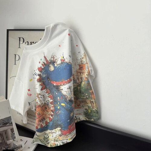 Children's Summer Casual Round Neck Digital Printing Dinosaur Short Sleeve T-Shirt for Boys Fashion Outerwear Cotton Top