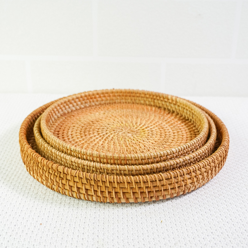 Rattan fruit basket, hand-woven Japanese bread basket, steamed bun basket, living room household storage basket, round tray