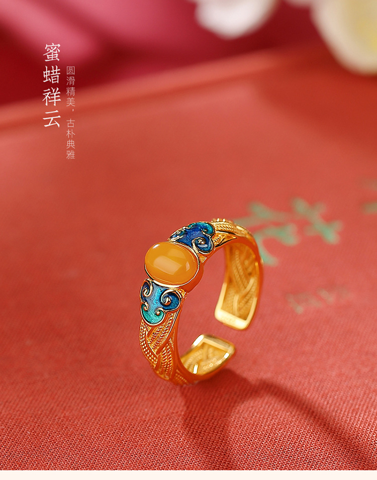 Nhẫn bạc S925 mạ vàng sáp ong phong cách cổ điển dạng mở điều chỉnh — Mở một size chi tiết 2