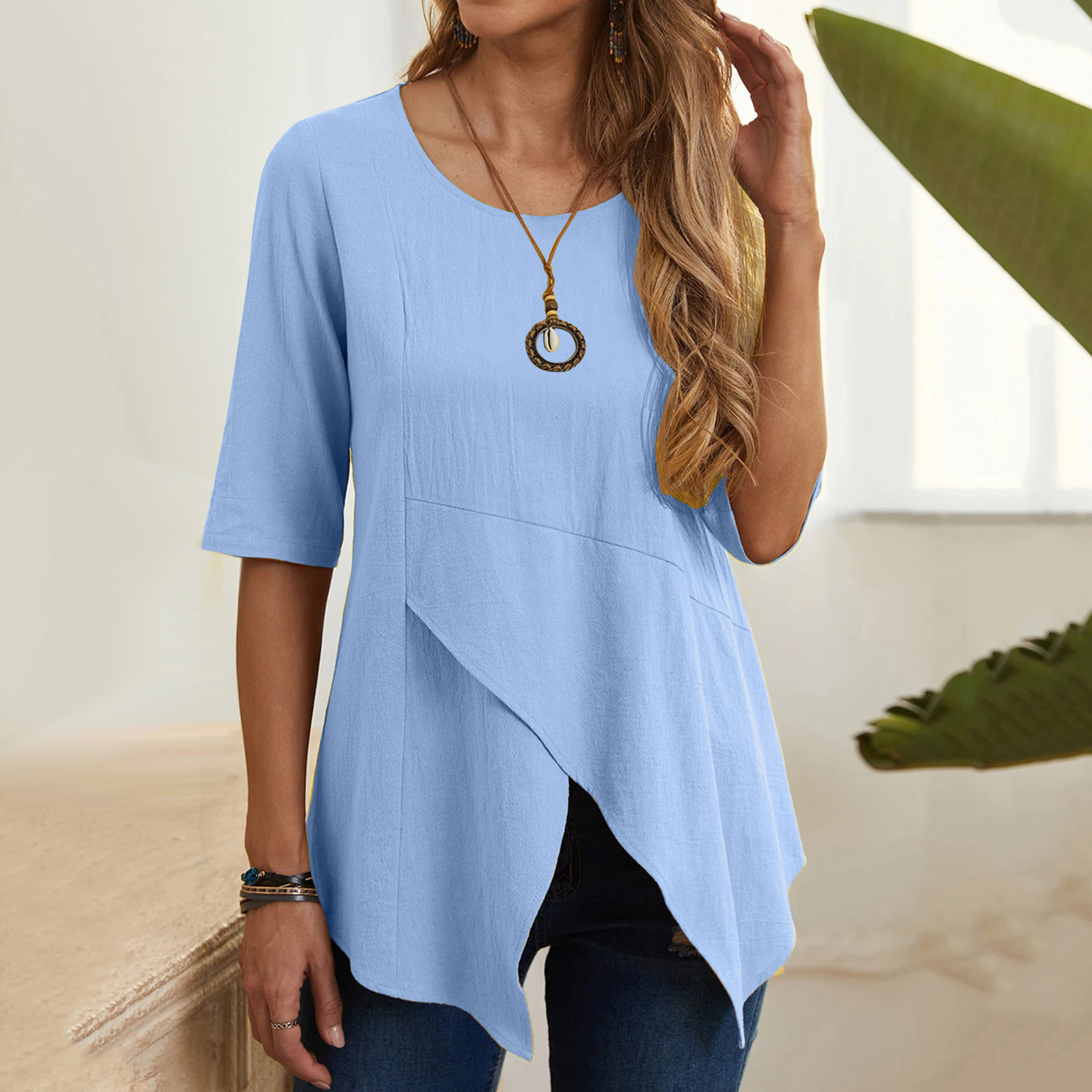 21002 # Amazon WISH Jersey irregular de las mujeres europeas y americanas de cuello redondo slim fit media manga de algodón y lino camiseta superior