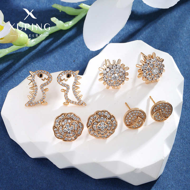 Joyería Xuping aleación dorada pequeña rosa dinosaurio pendientes coreanos de alto nivel lujoso ligero pendientes de diamantes para mujeres