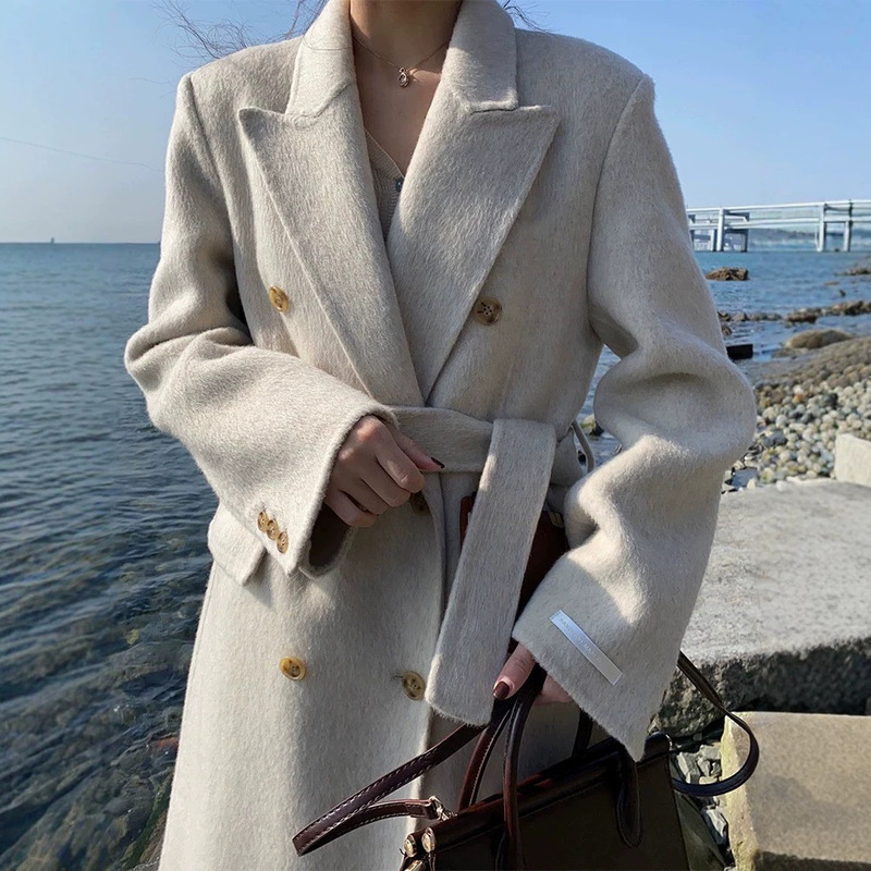 [2238] Suit, Right Shoulder, Slim Fit Wool Outwear, Women's Long Classy Belted Double-Breasted Woolen Outwear