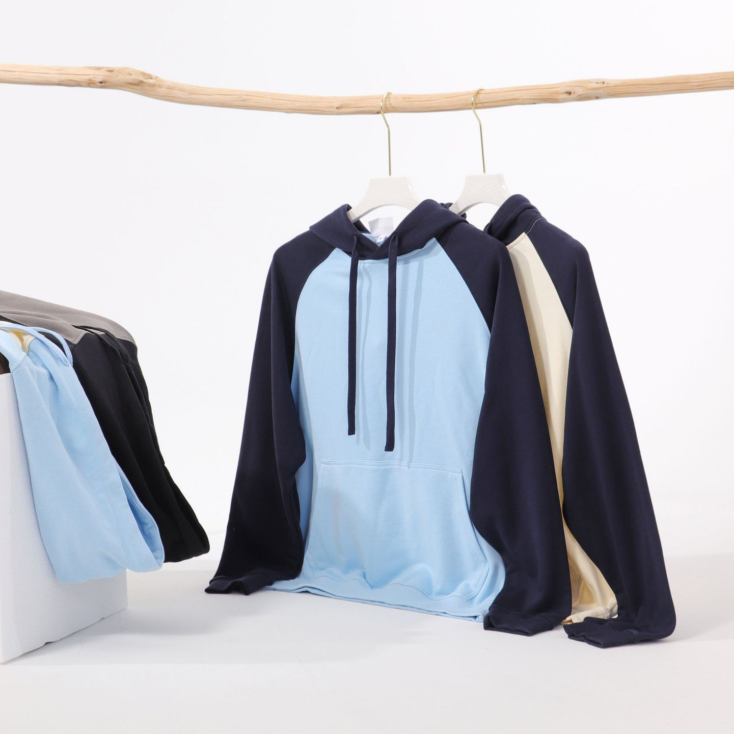 潮牌直播爆款380g大毛圈插肩连帽卫衣男春秋宽松拼色套头情侣帽衫