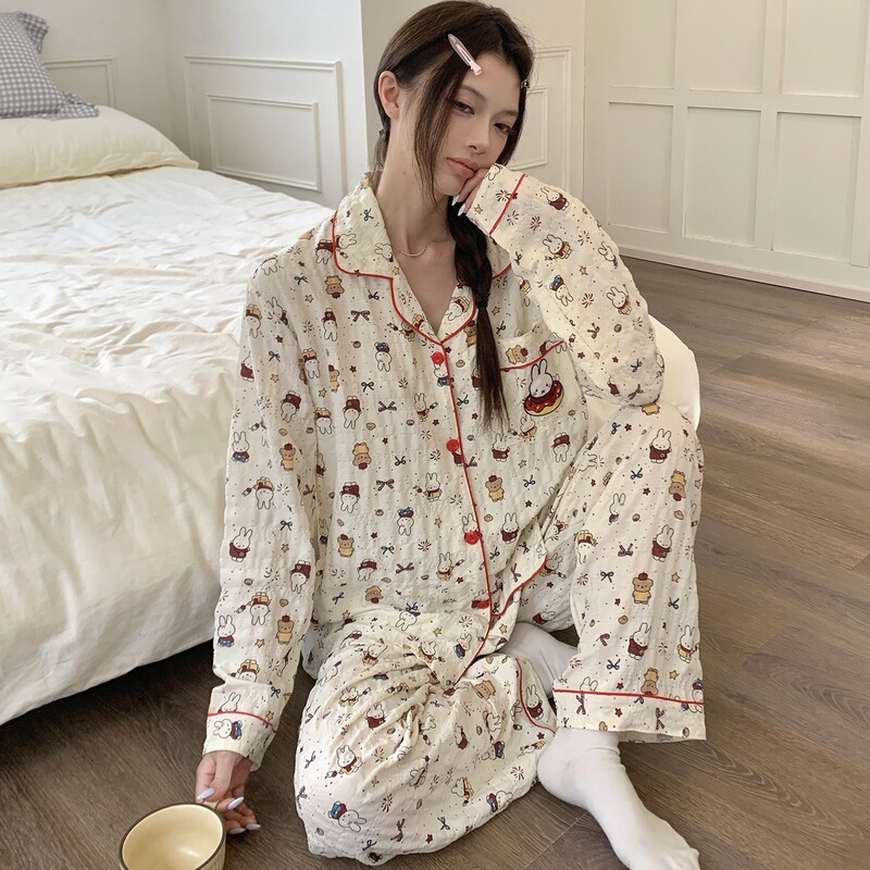 Cute Bear Miffy Rabbit Pajamas for Women, Spring and Autumn Long-Sleeve Long-Pants Set, Cloud Cotton Cardigan Homewear Suit