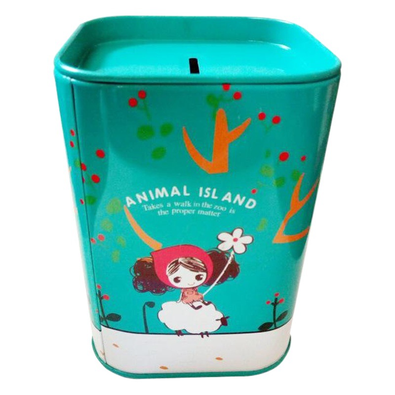 Estilo coreano cuadrado metal hojalata hucha estilo británico alcancía de dibujos animados niños alcancía tanque de almacenamiento