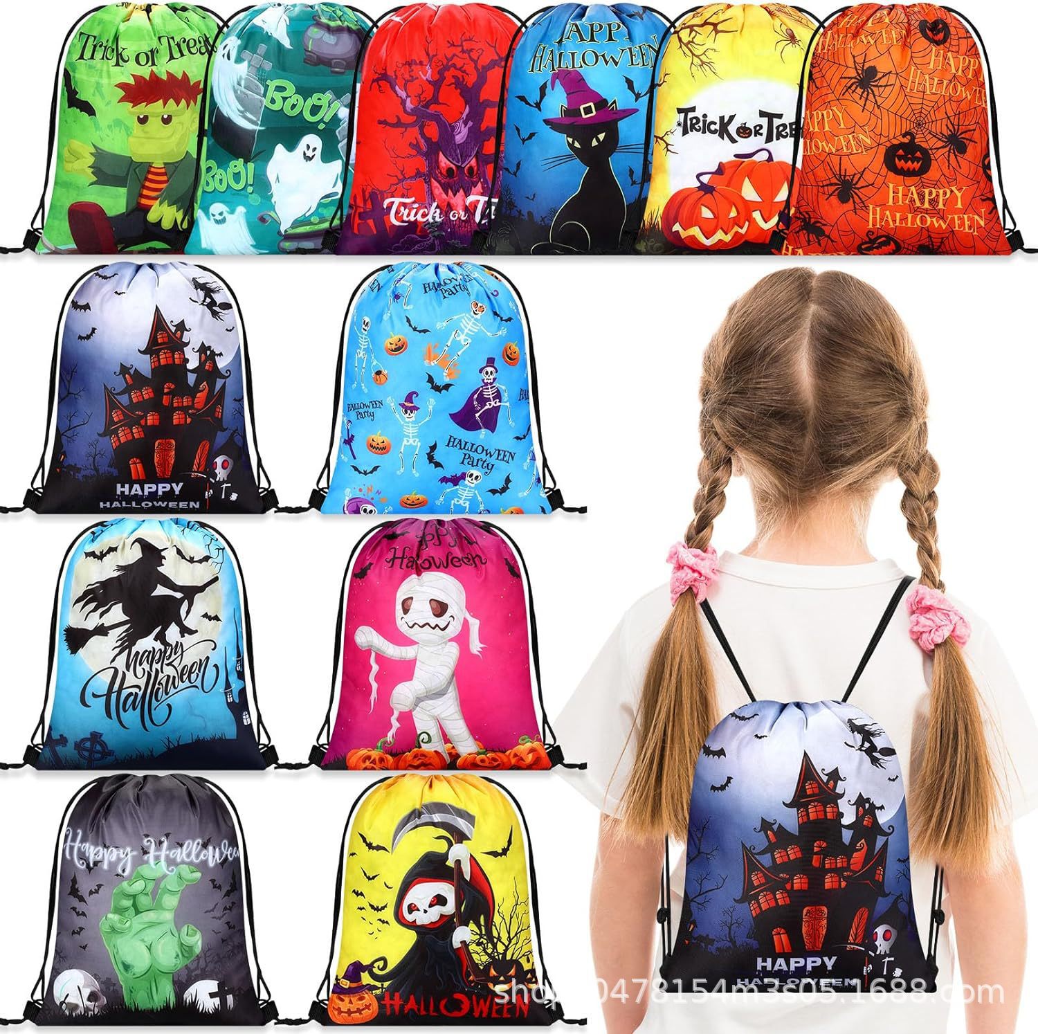 万圣节八双肩抽绳背包袋子派对便携收纳袋涤纶手提抽绳袋束口