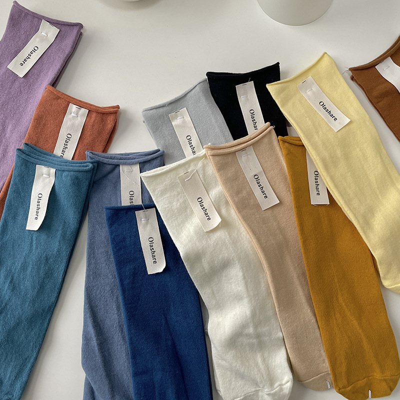 Solid Color Women's Mid-Calf Socks, Cotton Socks, Korean Style Stacked Socks, New Spring and Summer Black Ice Silk Socks, Versatile Style