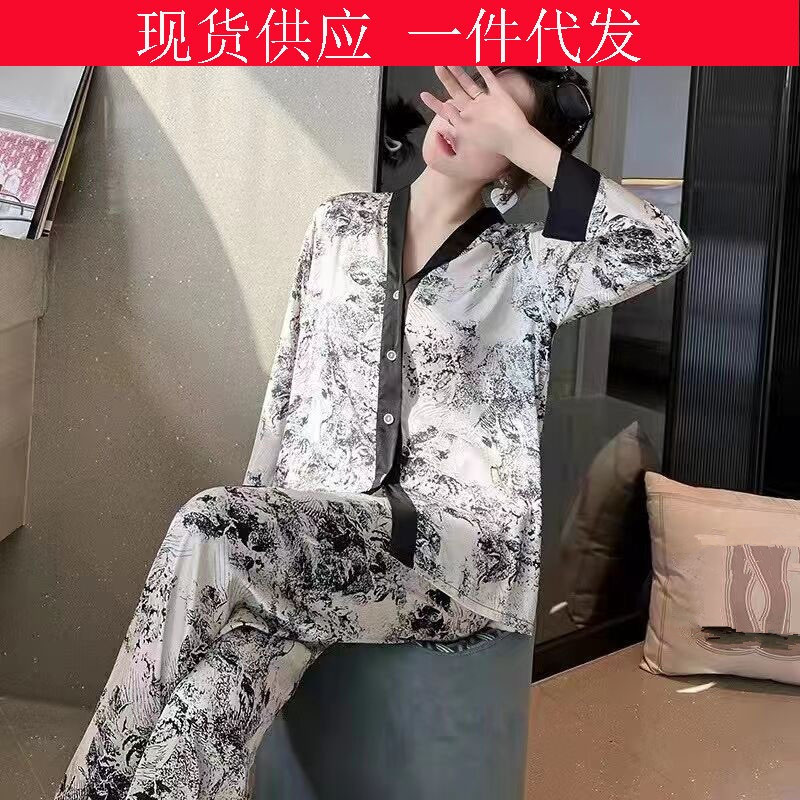 国潮风水墨画冰丝居家服四件套女夏薄款宽松大码睡衣复古印花套装