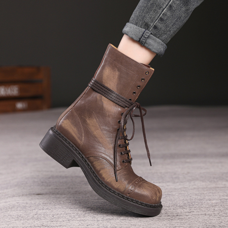 Miu Vintage Martin Boots Autumn and Winter New Color-polished Short Boots Women's Genuine Leather Thick-soled Height-increasing Western Boots Thick Heel Knights Boots