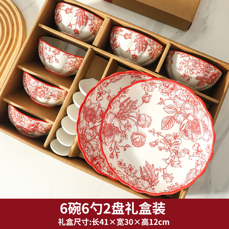 Conjunto de platos Rosas rojas caseras de estilo chino de boda regalo de boda de cerámica conjunto de caja de boda