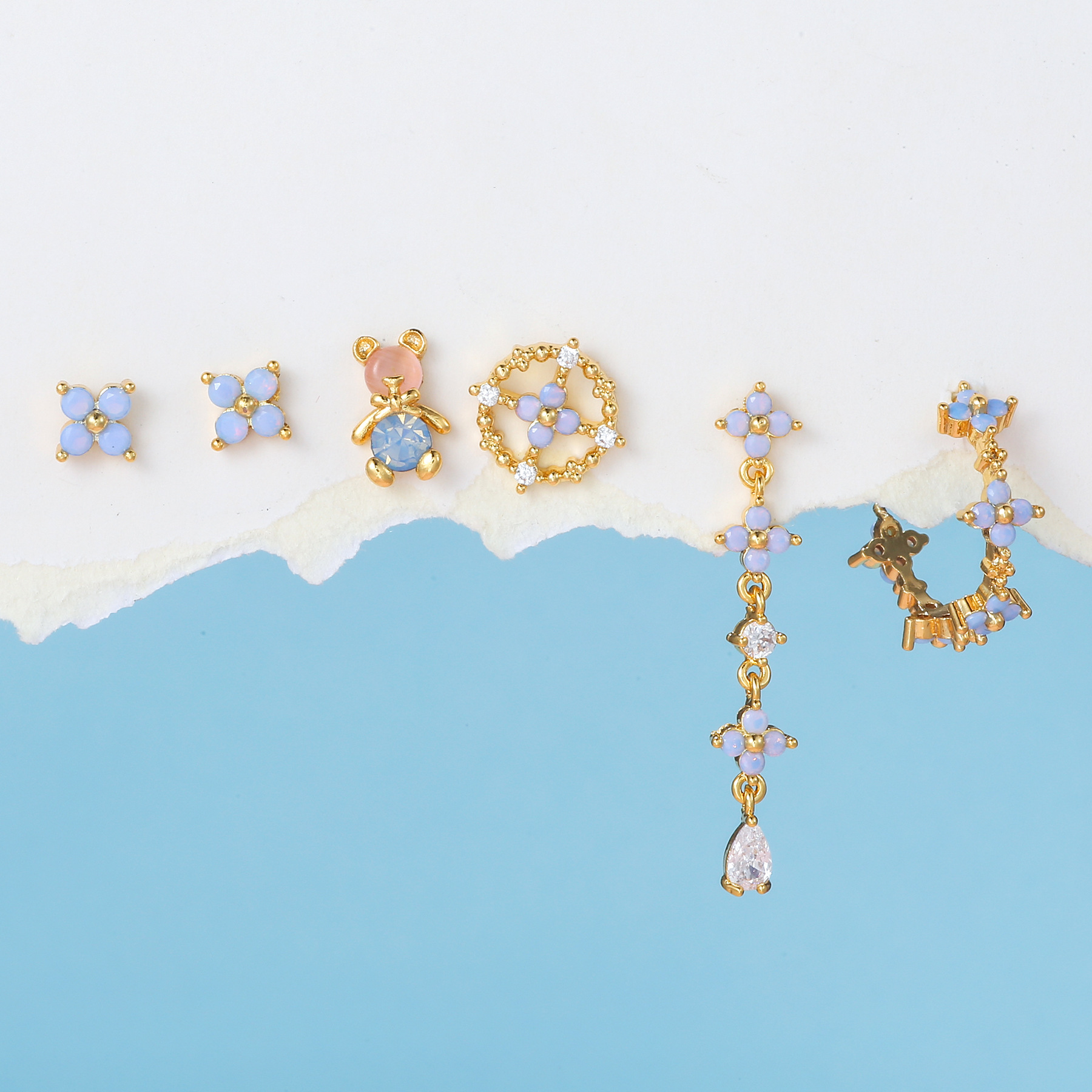 Fashion Bear Flower Brass Earrings Inlay Artificial Gemstones Copper Earrings