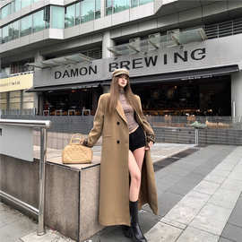 韩版小众高级感气质复古呢子夹棉拼接豹纹西装毛呢外套长款大衣女