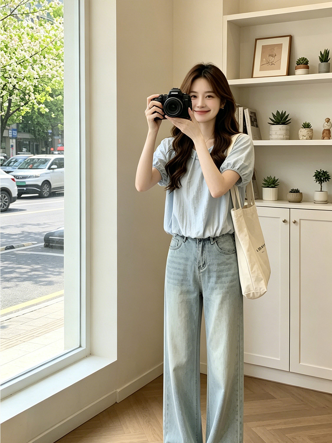Áo thun nữ tay ngắn cổ tròn chất liệu chiffon phối cườm tay bồng — màu xanh nhạt