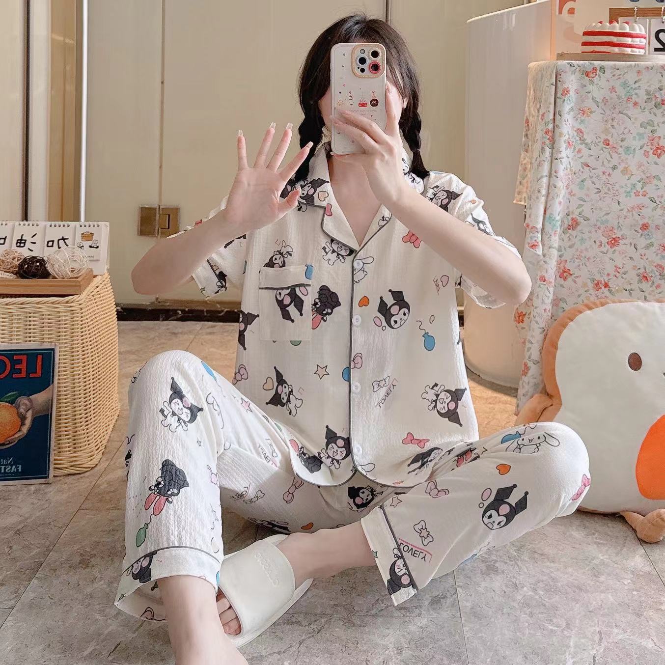 Pajamas de espuma tejidos de verano de algodón pantalones largos de mangas cortas ropa para el hogar de verano delgada de algodón conjunto de dos piezas