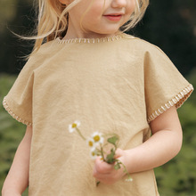 高质感打边麻棉上衣t25夏季净色气质男女宝宝百搭童装休闲短袖T恤