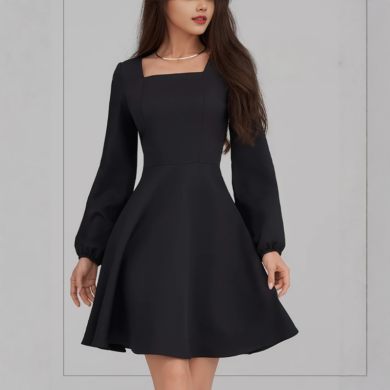 Cross-Border European and American Women's Clothing Amazon's New Square-Neck Waist-Slimming A-Line Dress Black Elegant Long-Sleeved Dress for Women Cross-Border European and American Women's Clothing Amazon's New Square-Neck Waist-Slimming A-Line Dress Black Elegant Long-Sleeved Dress for Women