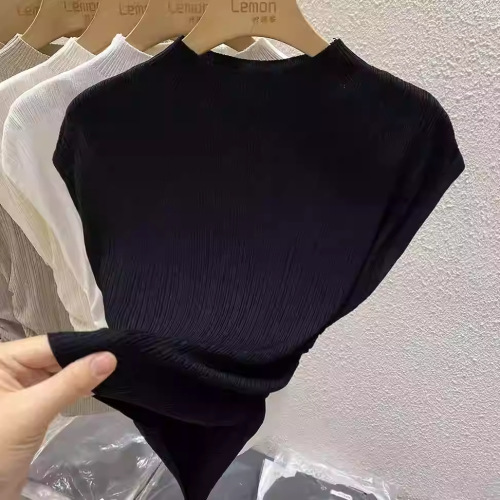 2025 Summer Half High Neck Knitted Short Sleeve T-Shirt Women's Design Sense Niche Thin Underwear French Style Body Shaping Top 