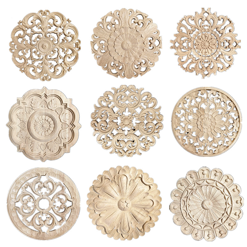 Dongyang wood carving Hollow round flower piece European-style decals solid wood decorative carved door heart flower carved wood flower