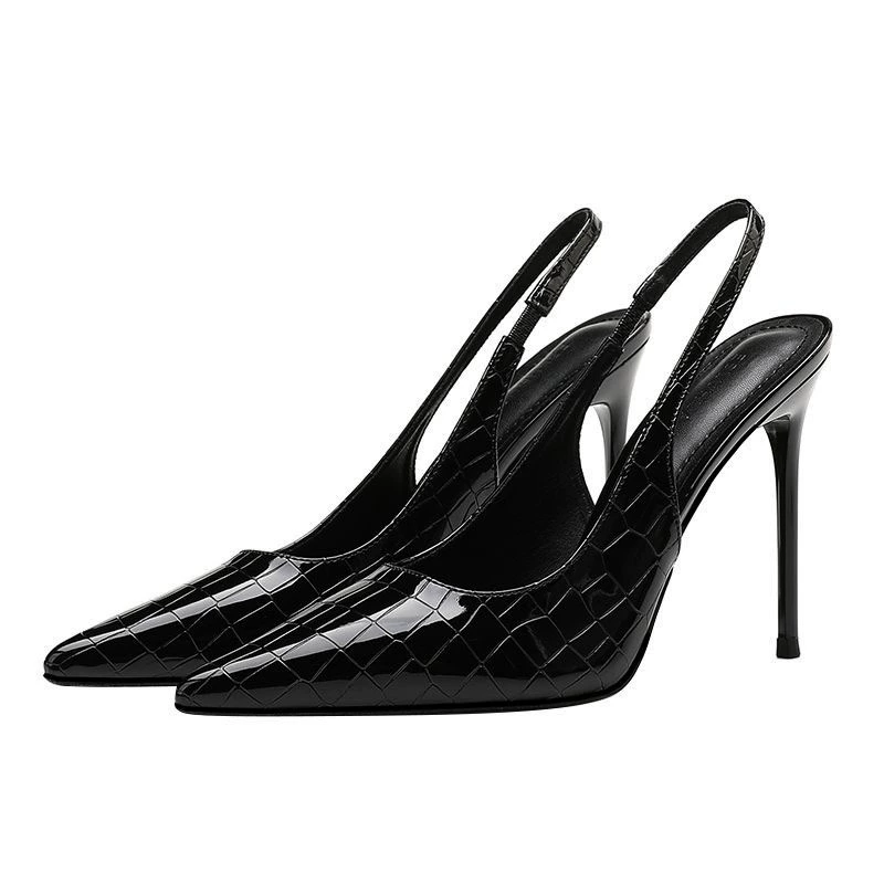 Pointed-Toe Slingback High Heels, Crocodile Pattern, 7 or 9 cm Stiletto, Sizes 34–40
