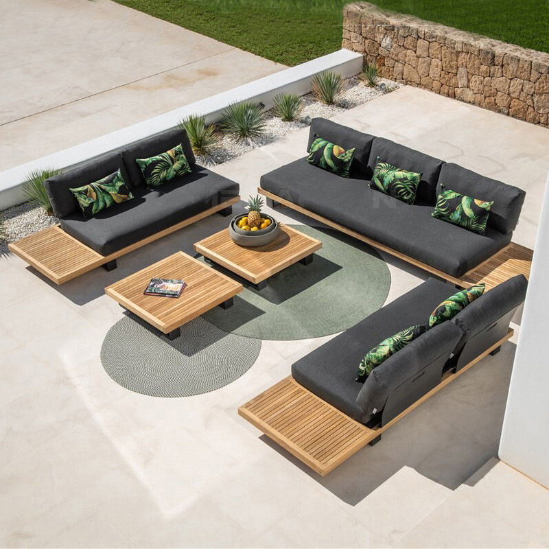Sofá al aire libre patio jardín de madera maciza combinación de ocio al aire libre balcón impermeable muebles de teca caña