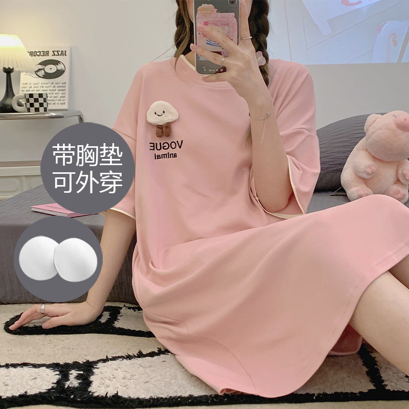 Camisón de longitud media con almohadillas para el pecho para mujer, nuevo estilo de verano 2025, diseño de dibujos animados de manga corta de algodón puro, se puede usar en exteriores, ropa de estar por casa.