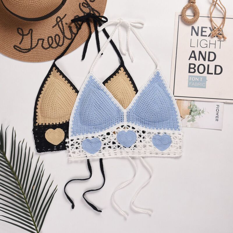 European and American Amazon Popular Sexy Halterneck Straps Hollow Embroidered Knitted Beach Bikini Swimsuit for Women with Chest Wrap