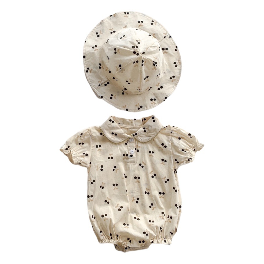 INS estilo coreano verano nueva funda de bebé estilo occidental de niña floral cereza manga corta mameluco de una pieza con sombrero