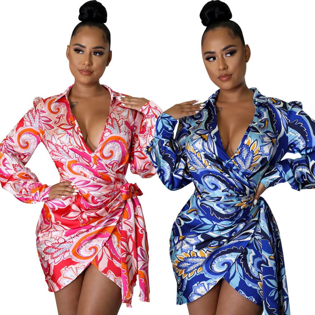 SMR10968 Amazon new European and American sexy fashion digital printing V-neck women's slim dress