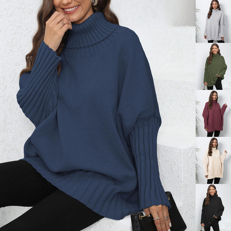 Women's Pullover Sweater Cross-Border European and American Clothing Knitted Pure Color Turtleneck Lapel Loose Woven Sweater Top M617