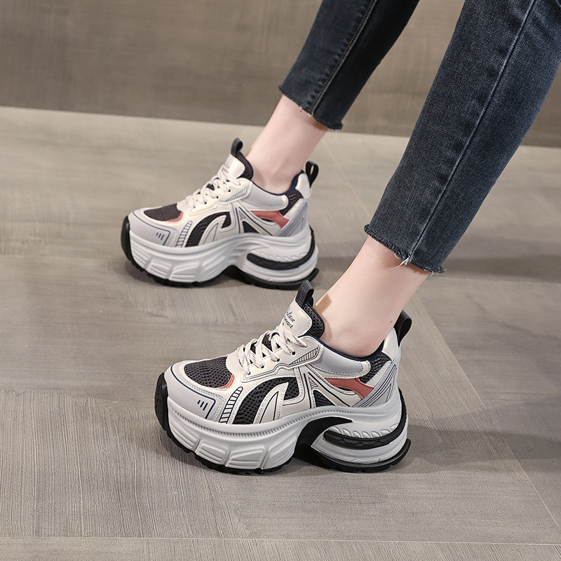 Giày sneaker nữ chunky đế dày mặt lưới thoáng khí độn cao bên trong — Màu vàng