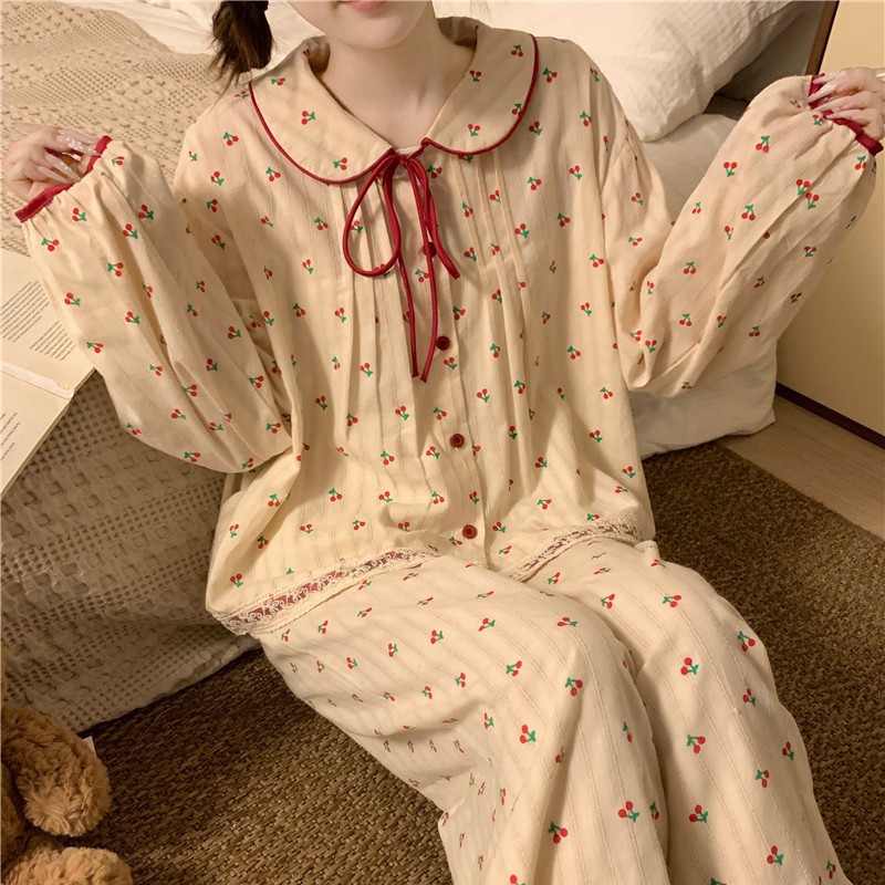 달콤한 파자마 여성의 신선한 인형 칼라 느슨한 귀여운 체리 레이스 한국 스타일 봄과 가을 의상 홈 의류 세트
