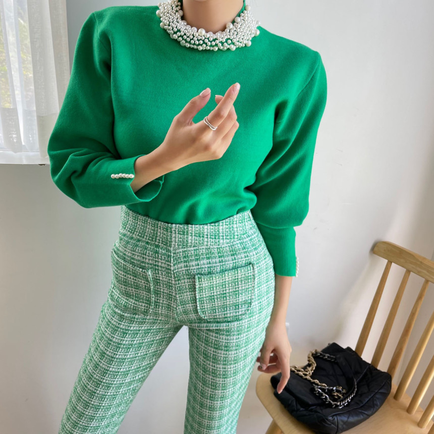 Suéter de manga larga para mujer, estilo chic coreano retro, cuello medio alto con perlas, holgado y versátil image 3