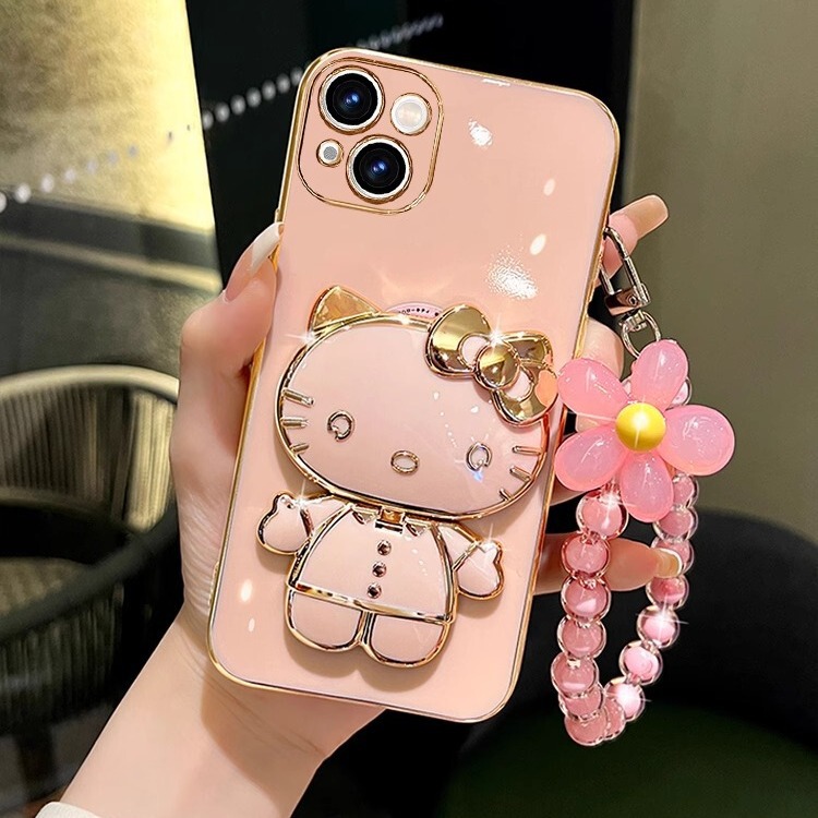 Suitable for Iphone17 Mobile Phone Case Electroplated Cat Stand Makeup Mirror Apple 14Promax Soft Shell Flower Bracelet Suitable for Iphone17 Mobile Phone Case Electroplated Cat Stand Makeup Mirror Apple 14Promax Soft Shell Flower Bracelet