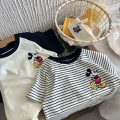 Cotton Children's Short-Sleeve T-Shirt Summer New Unisex Mickey Cartoon Embroidered Contrast Color T-Shirt Baby Striped Top