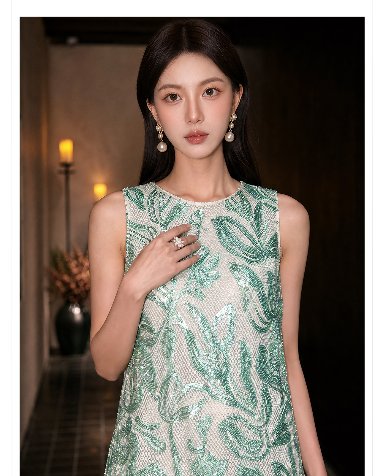 Đầm maxi nữ thắt eo phong cách Tân Trung Hoa họa tiết thêu nổi — Trà cà phê chi tiết 6