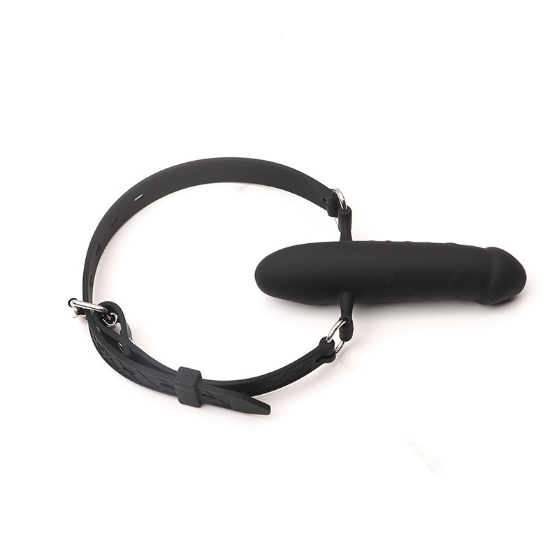 Silicone Dual-Purpose Mouth Gag with Hollow Dildo, Black Adult Bondage Training Toy — detail image 2