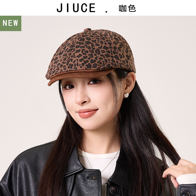 美式复古街头豹纹初秋前进帽女透气大头围显脸小时尚百搭贝雷帽子|undefined