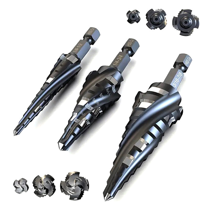 四螺旋槽阶梯钻头套装5PCS 1/8"-1-3/8" 1/4"3/8"高速钢金属钻头|undefined