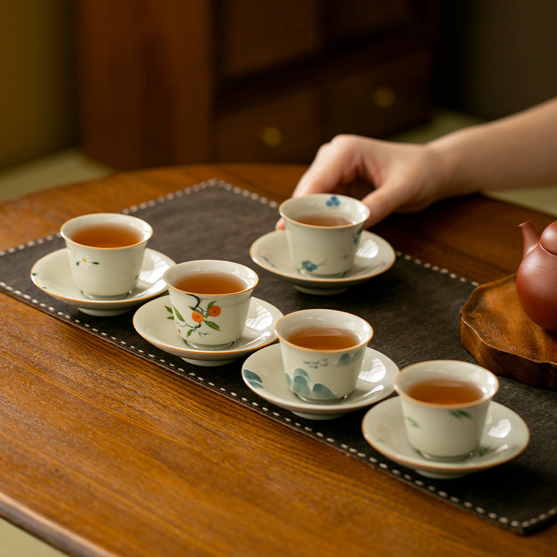 草木灰山水手绘小茶杯陶瓷功夫品茗杯釉下彩主人杯喝茶杯子批发