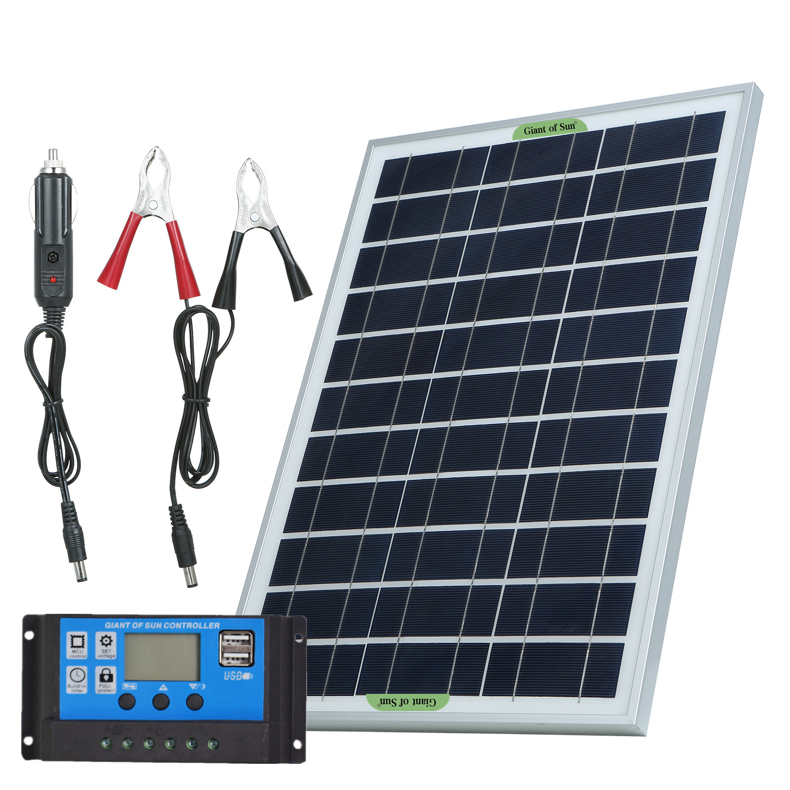 单晶太阳能电池板带鳄鱼夹控制器套装防水12V/18V双USB充电电瓶