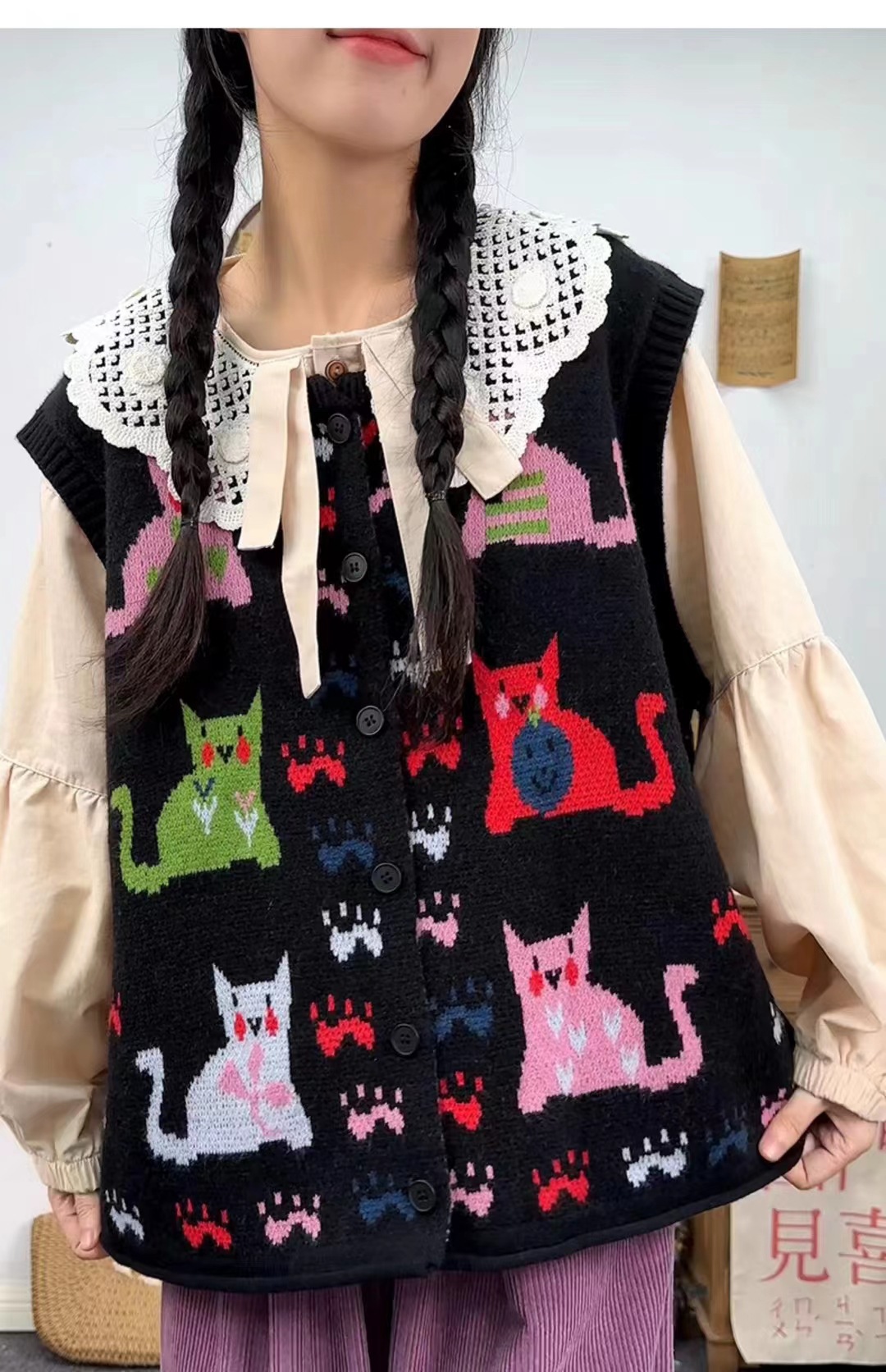 Spring Women's Vest Single Breasted Japanese Style Print Cartoon Warm Foreign Trade Knitted Sweater Cardigan