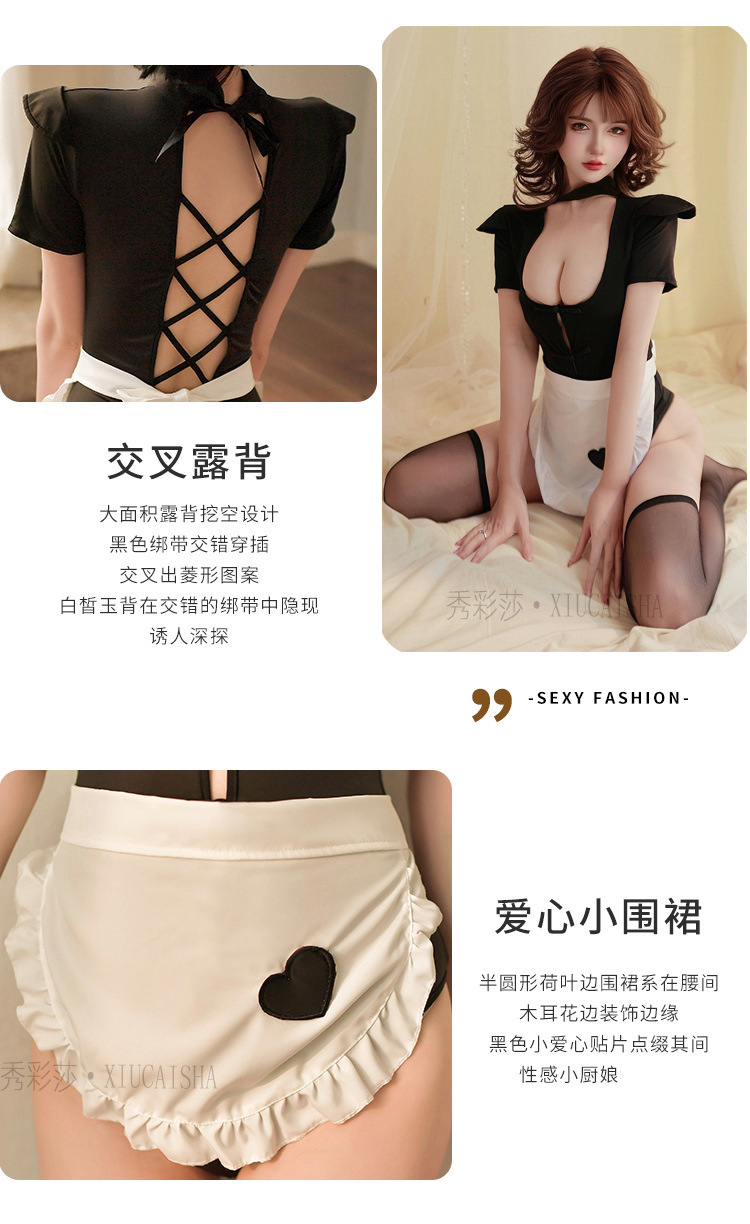 Women’s Sexy Maid Lingerie Set with Apron and Sheer Stockings, One Size — detail image 5