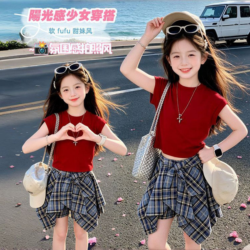 【Top: 92% cotton, 8% spandex. Skirt: 20% cotton, 80% polyester.】Girls' red T-shirt and plaid skirt-pants two-piece set