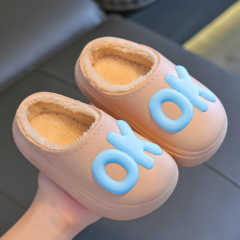 Winter Children's Cotton Slippers for Boys, Warm, Non-Slip, Fleece-Lined, Indoor Waterproof, Parent-Child Style, Trendy Ok Cotton Slippers