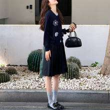 韩系小香风藏蓝花朵针织衫两件套装裙女2025年巨好看的早秋一整套