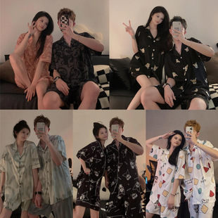 2024 Summer Couple Pajamas Women's Ice Silk Small Dog Can Be Worn Outside Short Sleeve Simulated Silk Men's Suit Wholesale