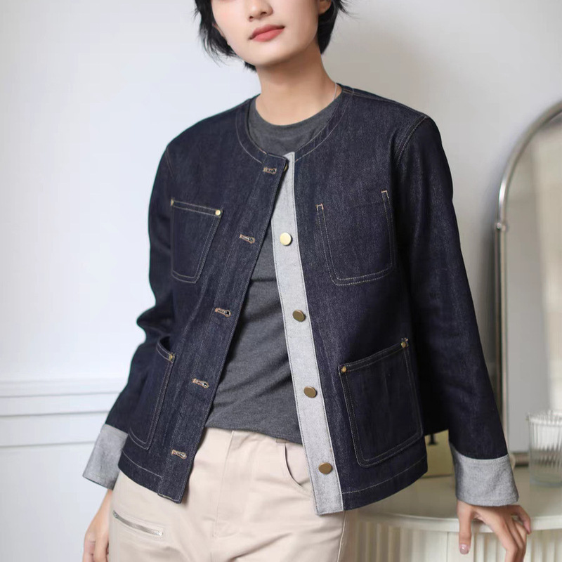 Hong Kong Style Denim Ce Fashion High-Thread-Count Cotton Round-Neck Boxy Color-Block Denim Jacket Light Luxury Retro Patch Pocket Jacket